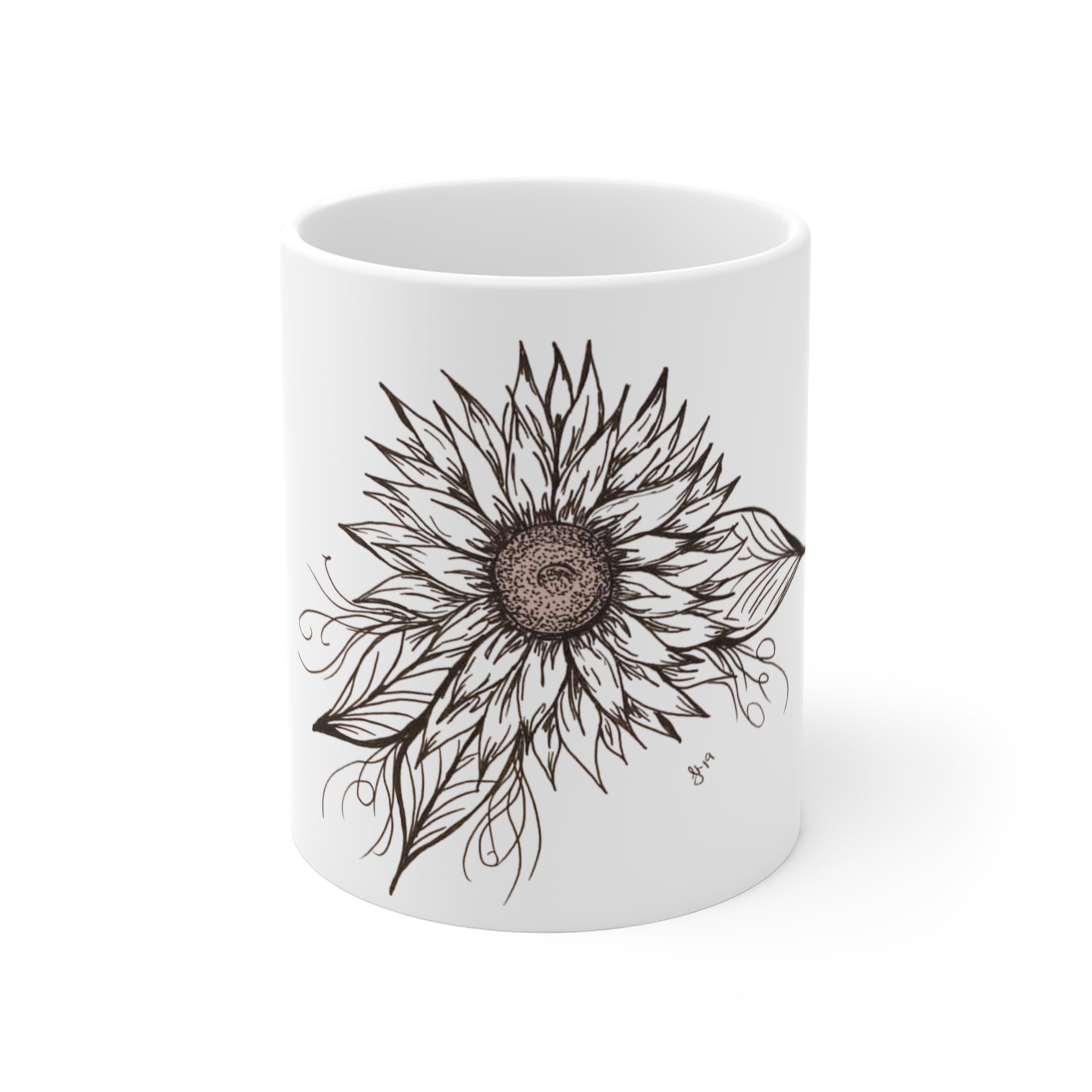 Sunflower Sketch 11oz Ceramic Mug — Hand-Drawn Floral Coffee Cup